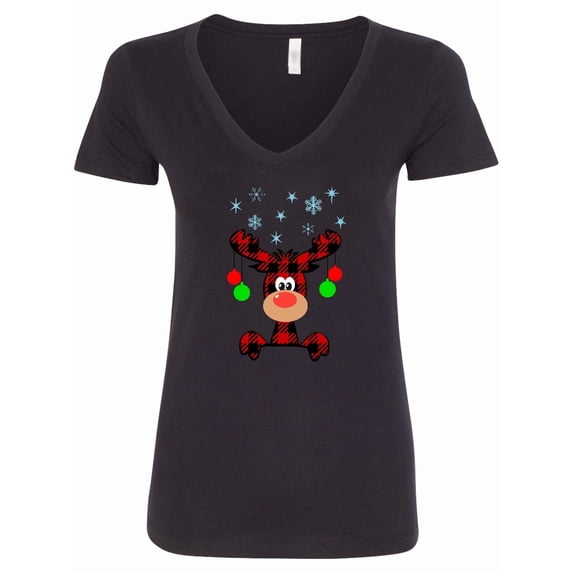 Inktastic Cute Flannel Reindeer with Christmas Bulbs and Snowflakes Women's V-Neck T-Shirt