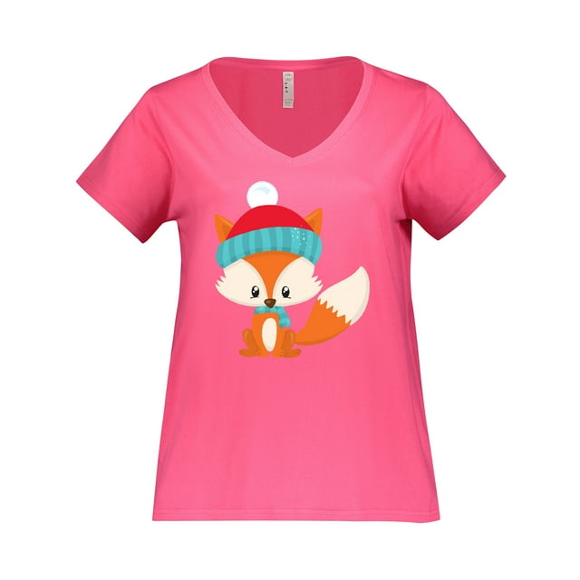 Inktastic Cute Fox, Fox With Hat And Scarf, Orange Fox Women's Plus Size V-Neck T-Shirt
