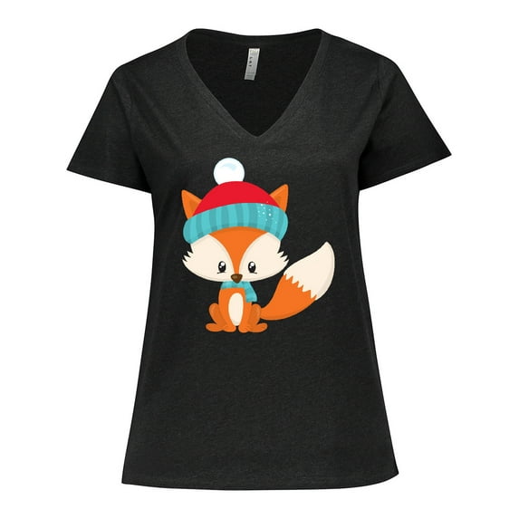 Inktastic Cute Fox, Fox With Hat And Scarf, Orange Fox Women's Plus Size V-Neck T-Shirt