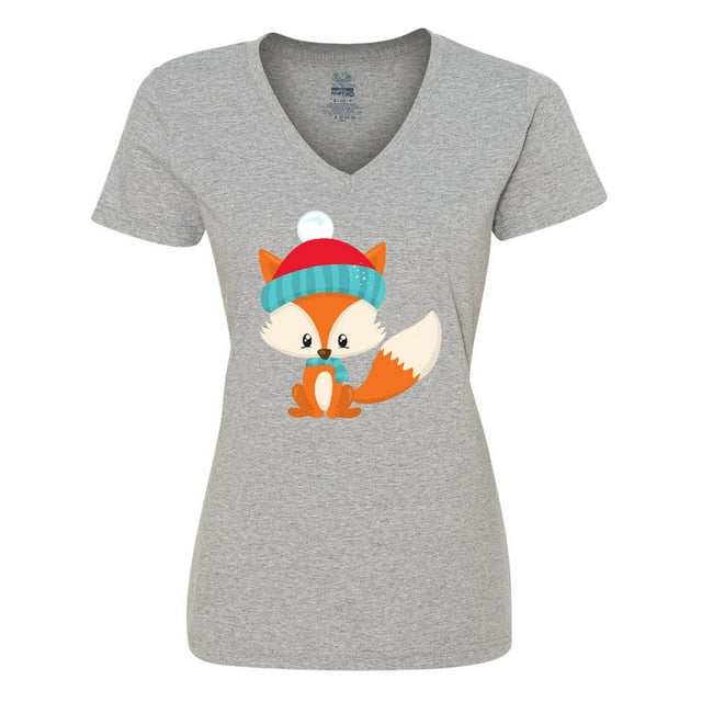 Inktastic Cute Fox, Fox With Hat And Scarf, Orange Fox Women's V-Neck T-Shirt
