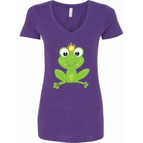 Inktastic Cute Frog, Green Frog, Crown, Frog Prince Women's V-Neck T-Shirt