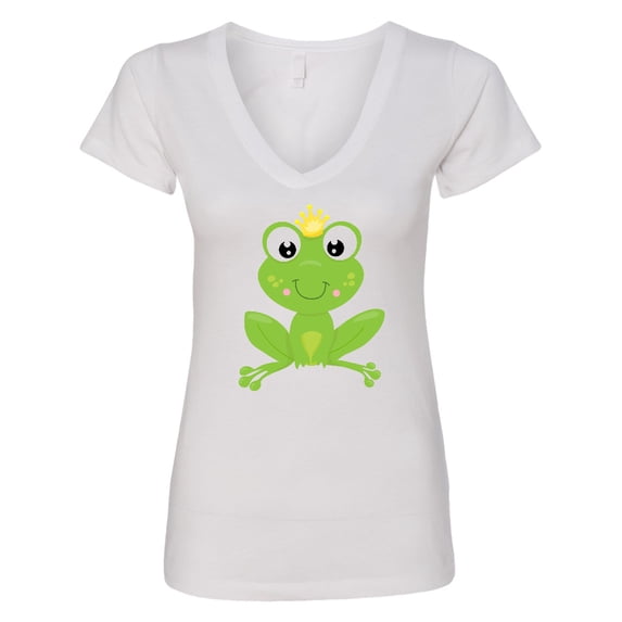 Inktastic Cute Frog, Green Frog, Crown, Frog Prince Women's V-Neck T-Shirt