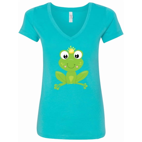 Inktastic Cute Frog, Green Frog, Crown, Frog Prince Women's V-Neck T-Shirt