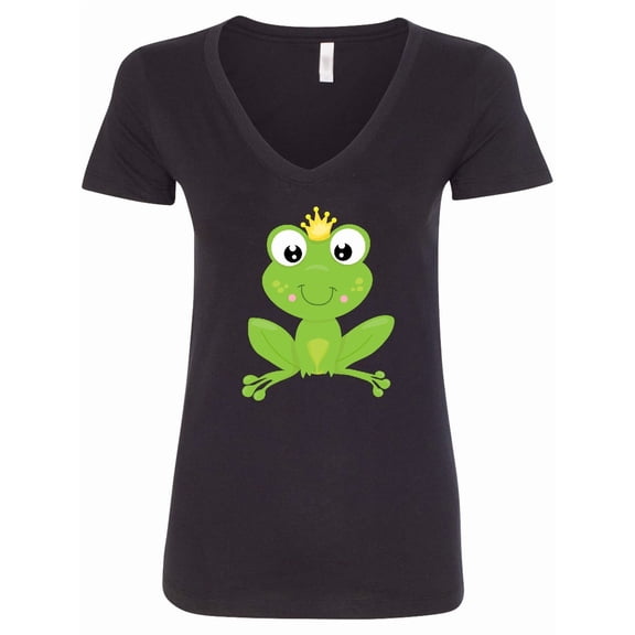 Inktastic Cute Frog, Green Frog, Crown, Frog Prince Women's V-Neck T-Shirt