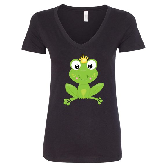 Inktastic Cute Frog, Green Frog, Crown, Frog Prince Women's V-Neck T-Shirt