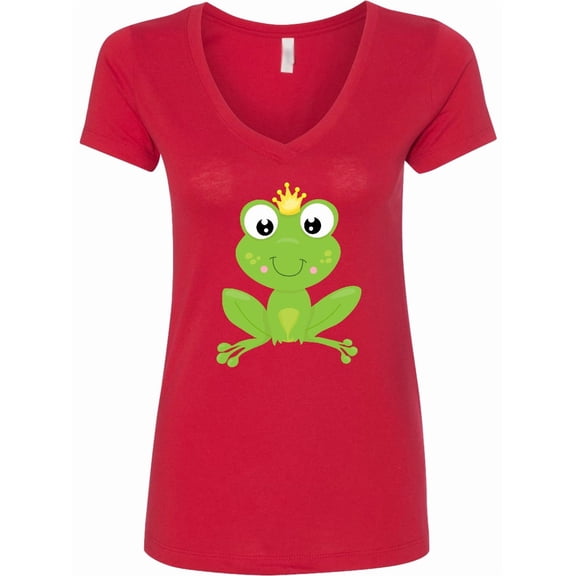 Inktastic Cute Frog, Green Frog, Crown, Frog Prince Women's V-Neck T-Shirt