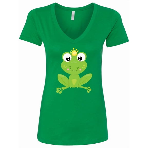 Inktastic Cute Frog, Green Frog, Crown, Frog Prince Women's V-Neck T-Shirt