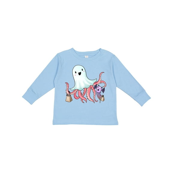 Inktastic Cute Ghost Octopus Trick or Treating with Bat Boys or Girls Long Sleeve Toddler T-Shirt