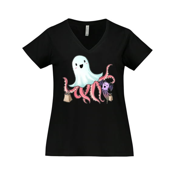 Inktastic Cute Ghost Octopus Trick or Treating with Bat Women's Plus Size V-Neck T-Shirt