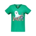 thumbnail image 1 of Inktastic Cute Ghost Octopus Trick or Treating with Bat Women's V-Neck T-Shirt, 1 of 5