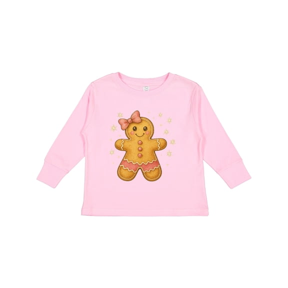 Inktastic Cute Gingerbread Girl with Pink Bow Christmas Boys or Girls Long Sleeve Toddler T-Shirt