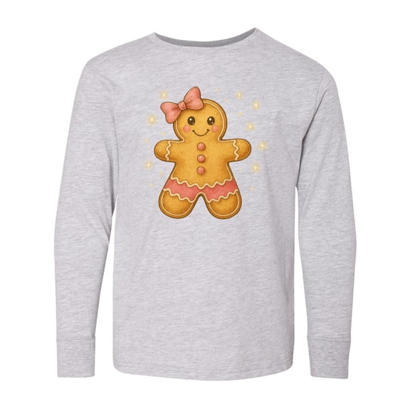 Inktastic Cute Gingerbread Girl with Pink Bow Christmas Long Sleeve Youth T-Shirt