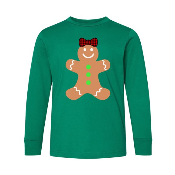 Inktastic Cute Gingerbread Girl with Red Plaid Bow Long Sleeve Youth T-Shirt
