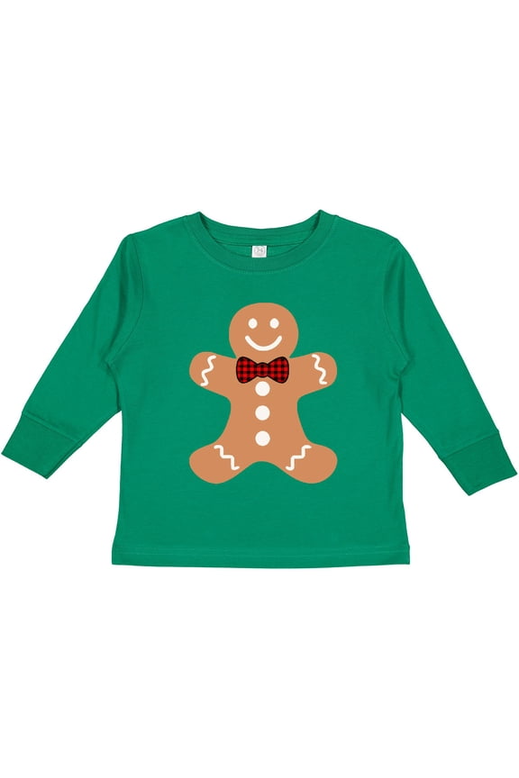 Cute Gingerbread Man with Red Plaid Bowtie Boys or Girls Long Sleeve Toddler T-Shirt