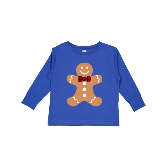Inktastic Cute Gingerbread Man with Red Plaid Bowtie Boys or Girls Long Sleeve Toddler T-Shirt