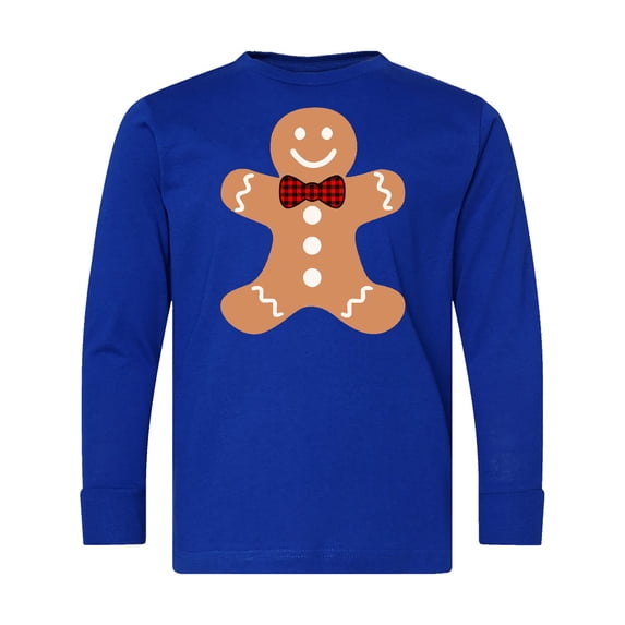 Inktastic Cute Gingerbread Man with Red Plaid Bowtie Long Sleeve Youth T-Shirt