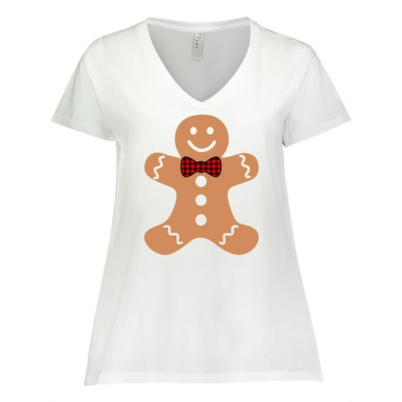 Inktastic Cute Gingerbread Man with Red Plaid Bowtie Women's Plus Size V-Neck T-Shirt