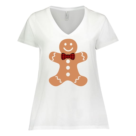 Inktastic Cute Gingerbread Man with Red Plaid Bowtie Women's Plus Size V-Neck T-Shirt