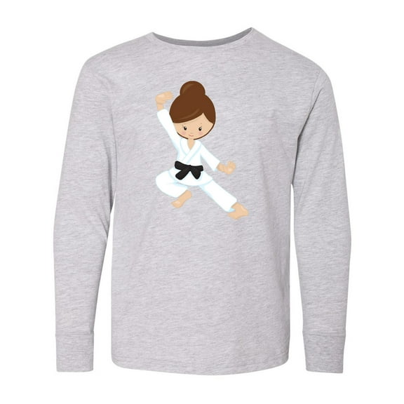 Inktastic Cute Girl, Brown Hair, Black Belt, Karate Pose Long Sleeve Youth T-Shirt