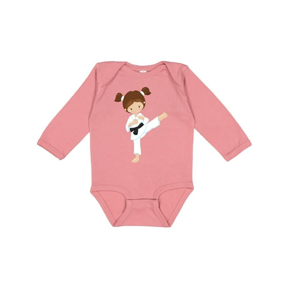 Inktastic Cute Girl, Brown Hair, Karate Pose, Black Belt Girls Long Sleeve Baby Bodysuit