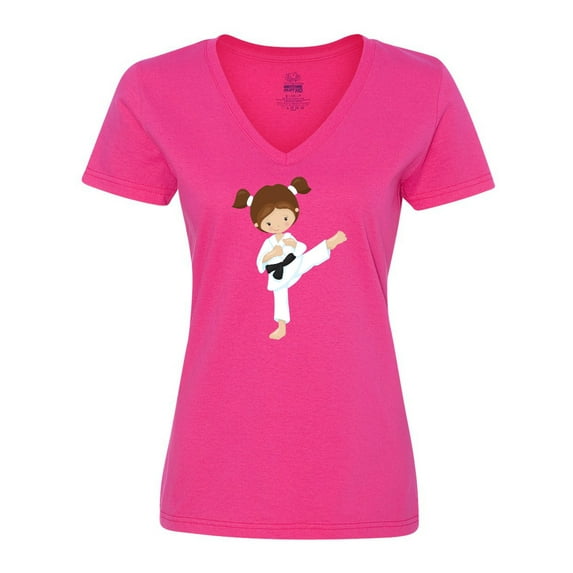 Inktastic Cute Girl, Brown Hair, Karate Pose, Black Belt Women's V-Neck T-Shirt