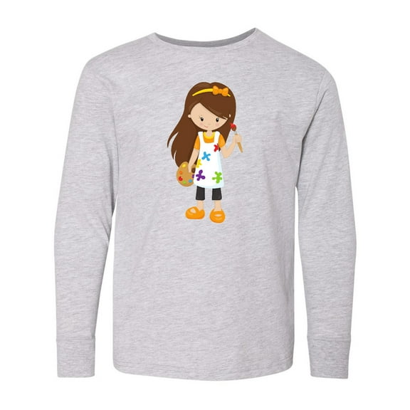 Inktastic Cute Girl, Brown Hair, Painter, Paint Artist Long Sleeve Youth T-Shirt