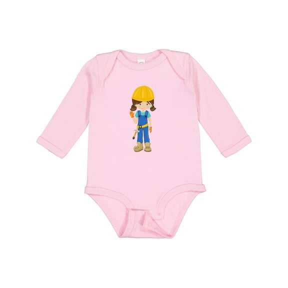 Inktastic Cute Girl, Construction Worker, Brown Hair Girls Long Sleeve Baby Bodysuit