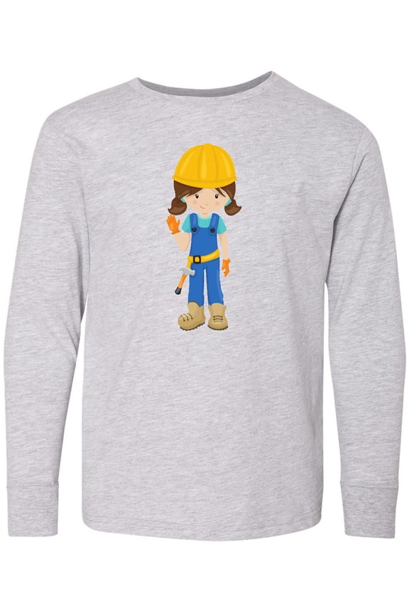 Cute Girl, Construction Worker, Brown Hair Long Sleeve Youth T-Shirt