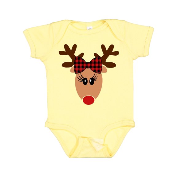 Inktastic Cute Girl Reindeer with Buffalo Plaid Bow Boys or Girls Baby Bodysuit