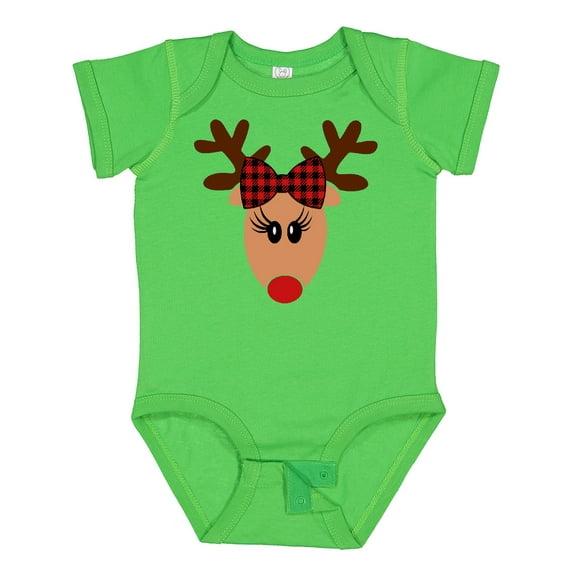 Inktastic Cute Girl Reindeer with Buffalo Plaid Bow Boys or Girls Baby Bodysuit