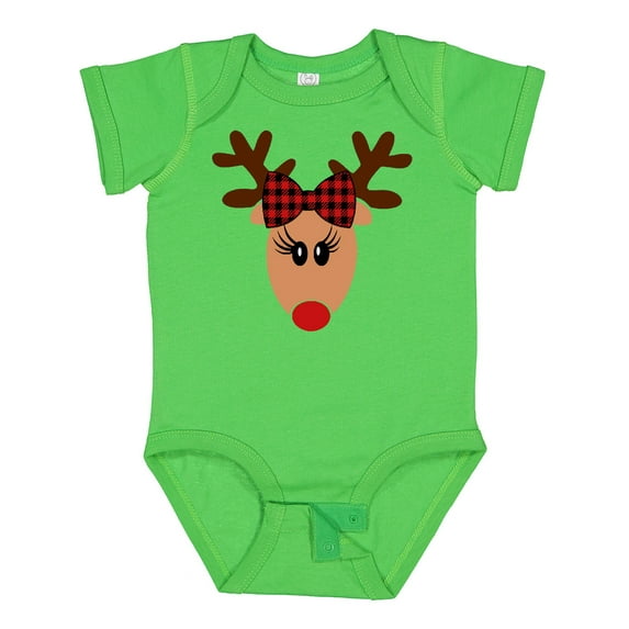Inktastic Cute Girl Reindeer with Buffalo Plaid Bow Boys or Girls Baby Bodysuit