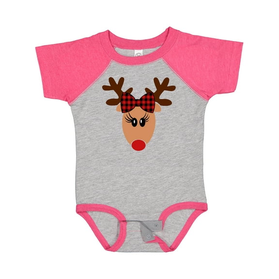 Inktastic Cute Girl Reindeer with Buffalo Plaid Bow Boys or Girls Baby Bodysuit