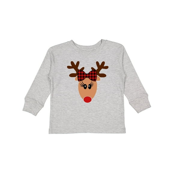 Inktastic Cute Girl Reindeer with Buffalo Plaid Bow Boys or Girls Long Sleeve Toddler T-Shirt