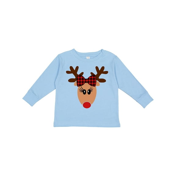 Inktastic Cute Girl Reindeer with Buffalo Plaid Bow Boys or Girls Long Sleeve Toddler T-Shirt