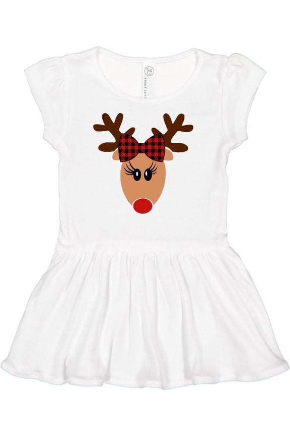 Cute Girl Reindeer with Buffalo Plaid Bow Girls Baby Dress