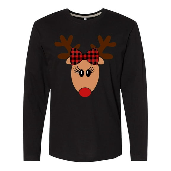 Inktastic Cute Girl Reindeer with Buffalo Plaid Bow Long Sleeve T-Shirt