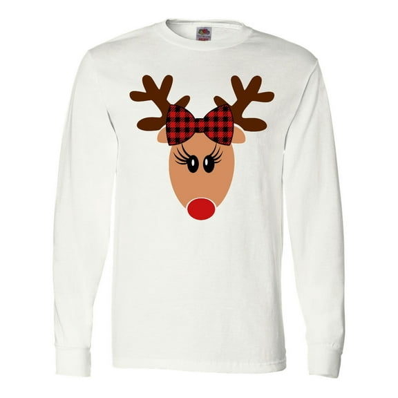 Inktastic Cute Girl Reindeer with Buffalo Plaid Bow Long Sleeve T-Shirt