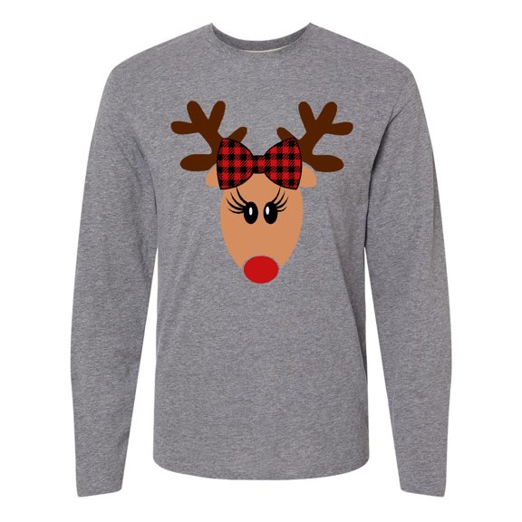 Inktastic Cute Girl Reindeer with Buffalo Plaid Bow Long Sleeve T-Shirt