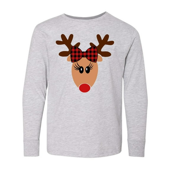Inktastic Cute Girl Reindeer with Buffalo Plaid Bow Long Sleeve Youth T-Shirt