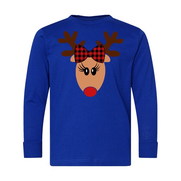 Inktastic Cute Girl Reindeer with Buffalo Plaid Bow Long Sleeve Youth T-Shirt