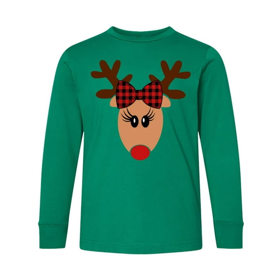 Inktastic Cute Girl Reindeer with Buffalo Plaid Bow Long Sleeve Youth T-Shirt