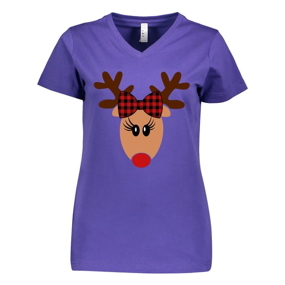 Inktastic Cute Girl Reindeer with Buffalo Plaid Bow Women's V-Neck T-Shirt
