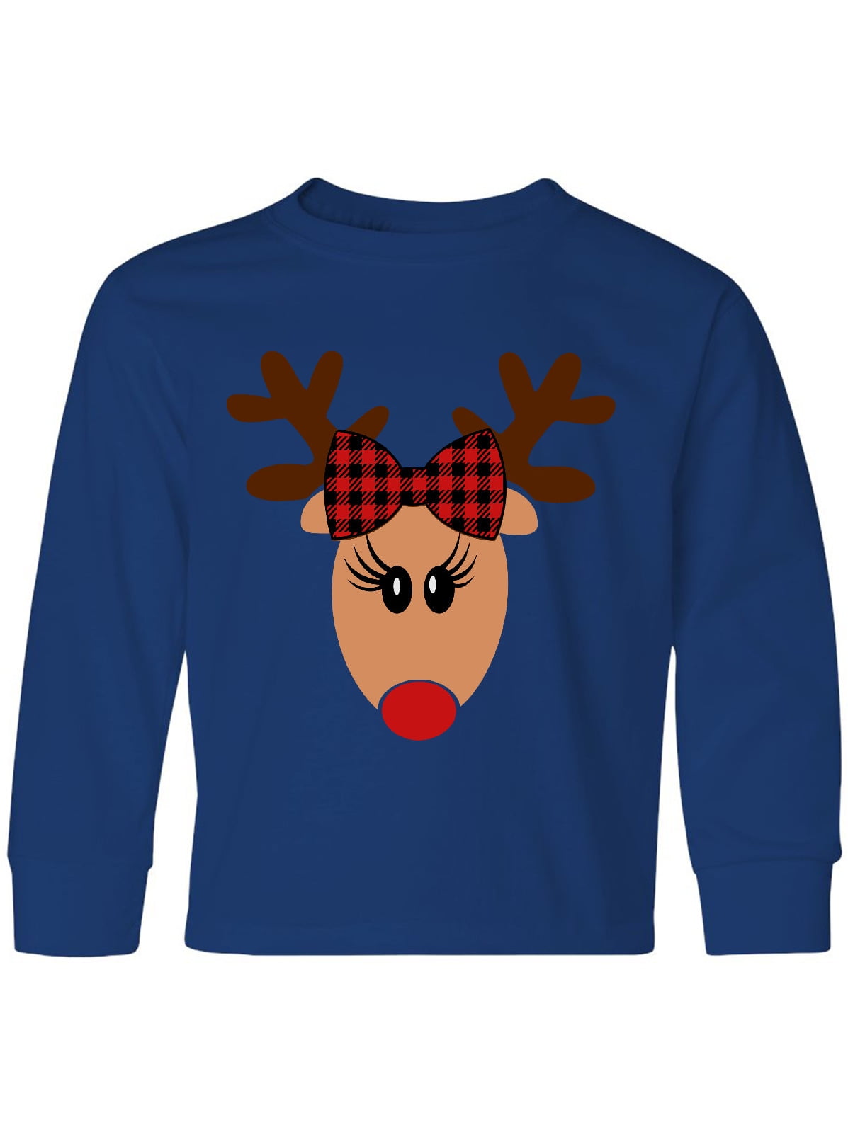 Inktastic Cute Girl Reindeer with Buffalo Plaid Bow Youth Long Sleeve T