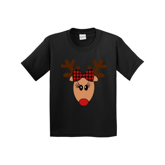 Inktastic Cute Girl Reindeer with Buffalo Plaid Bow Youth T-Shirt