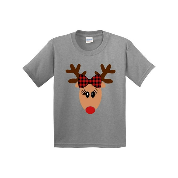 Inktastic Cute Girl Reindeer with Buffalo Plaid Bow Youth T-Shirt