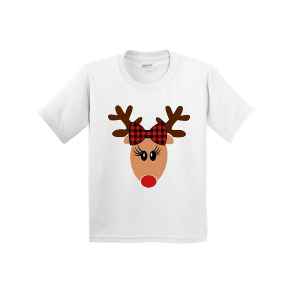 Inktastic Cute Girl Reindeer with Buffalo Plaid Bow Youth T-Shirt