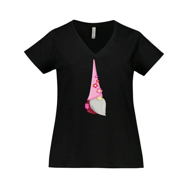 Inktastic Cute Gnome, Gnome With Pink Hat, Pink Flowers Women's Plus Size V-Neck T-Shirt