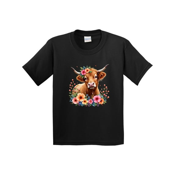 Inktastic Cute Highland Cow with Roses Floral Scottish Farm Western Youth T-Shirt