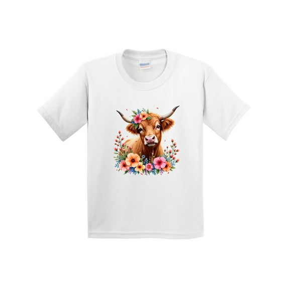 Inktastic Cute Highland Cow with Roses Floral Scottish Farm Western Youth T-Shirt