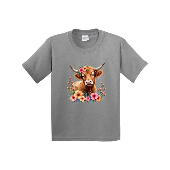 Inktastic Cute Highland Cow with Roses Floral Scottish Farm Western Youth T-Shirt